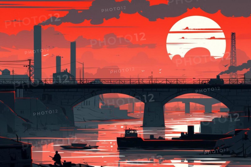 Illustration, graphic of an industrial landscape with bridges over a river, smoking chimneys at sunset, symbolic image for environmental pollution, AI generated, AI generated, AI generated
