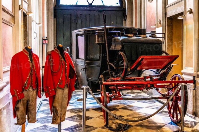 Carriage in the entrance area, Palazzo Rvoltella, palace and modern art gallery, a total work of art, Trieste, harbour city on the Adriatic, Friuli, Italy, Trieste, Friuli, Italy, Europe