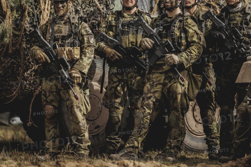 Armed soldiers, photographed as part of a Bundeswehr exercise with armed forces from Norway and the Czech Republic during the 'Wettiner Schwert' exercise as part of Quadriga 2024 in the training town of Schnöggersburg, 8 April 2024