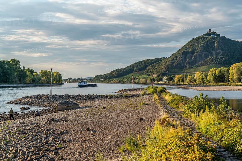The Rhine at extremely low water, near Bad Honnef Rhöndorf, below the Drachenfels, Nonnenwerth Island, dry Rhine banks, cargo ship, with very reduced cargo, North Rhine-Westphalia, Germany, Europe