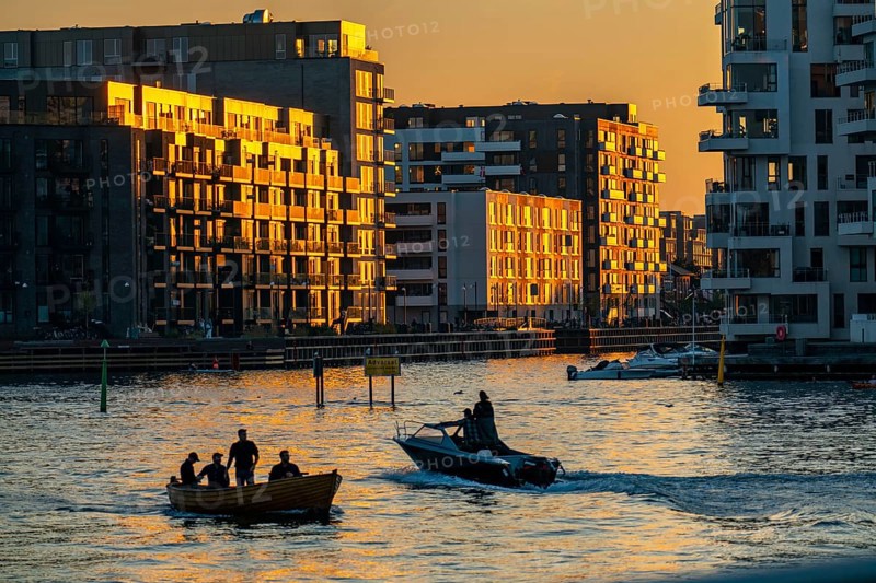 Residential buildings, apartment buildings, condominiums, at the harbour, Havneholmen and Nobelholmen (left), at the Sydhavnen district, in the evening light, Copenhagen, Denmark, Europe