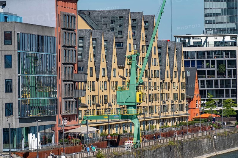 Promenade on the Rhine, at the old customs harbour, in Cologne South, on the Rhine, high-rise residential and office buildings, Cologne, North Rhine-Westphalia, Germany, Europe