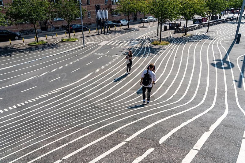 The Nørrebro district in Copenhagen, lively, multicultural and student neighbourhood, Superkilen Park, Den Sorte Plads, square designed with white lines, playgrounds, cultural facilities, sports equipment, cycle path, Denmark, Europe