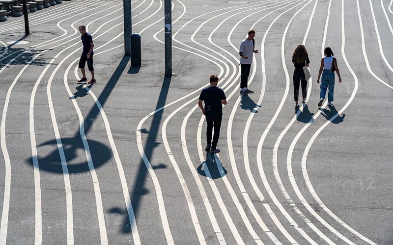 The Nørrebro district in Copenhagen, lively, multicultural and student neighbourhood, Superkilen Park, Den Sorte Plads, square designed with white lines, playgrounds, cultural facilities, sports equipment, cycle path, Denmark, Europe