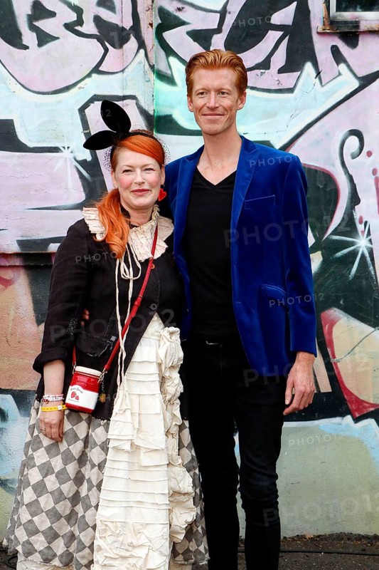 Enie van de Meiklokjes and her man Tobias Stærbo at the opening of the Tim Burton exhibition at the Radsetzerei on the RAW site in Berlin on 18 July 2024
