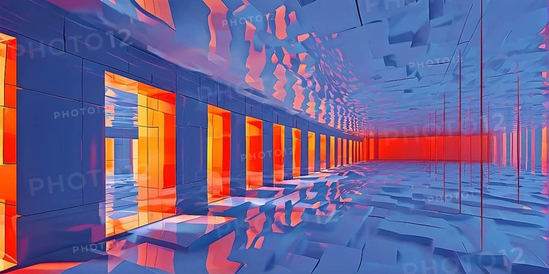 Windows aligned within an elongated tunnel permeated with gradients of blue and orange hues, AI generated