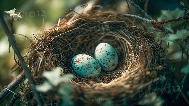 Bird nest with spotted robin eggs within in the tree, generative AI, AI generated
