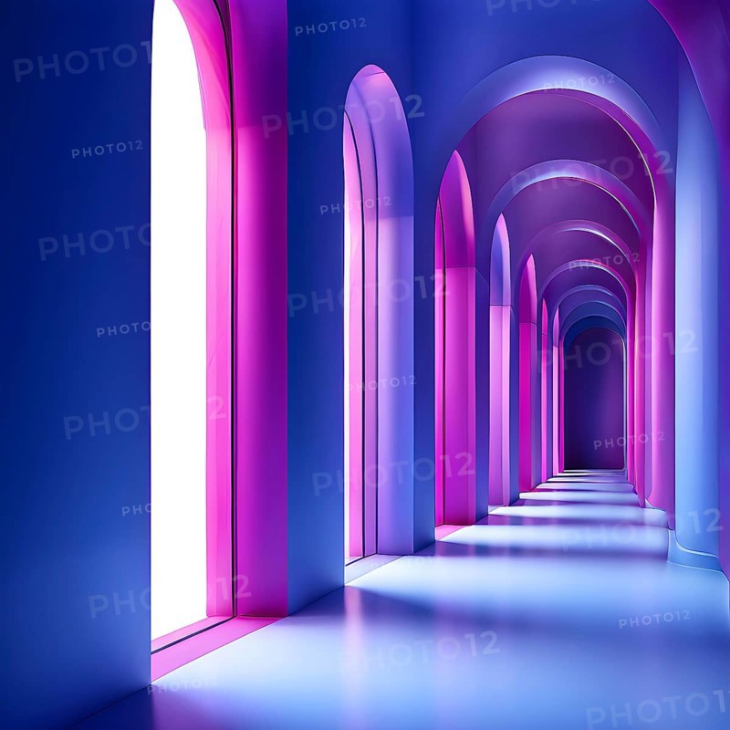 Windows aligned within an elongated tunnel permeated with gradients of blue and magenta hues, AI generated