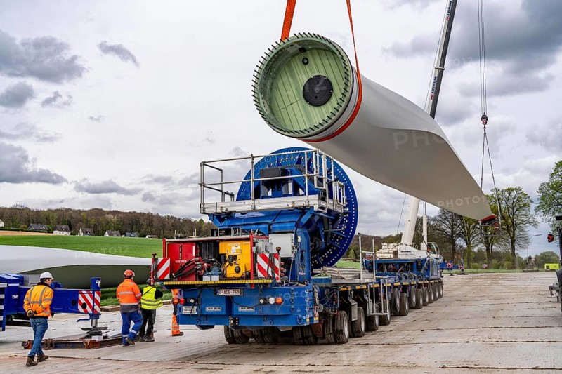 Preparation for the transport of a 68 metre long blade, a wind turbine, with a self-propelled Blade-Lifter vehicle, over a 40 km long route in the Bergisches Land, through towns, villages, over country roads, narrow through roads, to the construction site of the wind turbine near Hagen, North Rhine-Westphalia, Germany, Europe