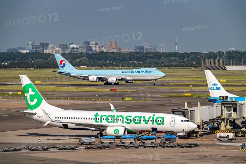 Amsterdam Schiphol Airport, Korean Air Cargo, Boeing 747, taking off on the Aalsmeerbaan runway, aircraft on the taxiway, at the terminal, Gate D, check-in, apron, Amsterdam, Netherlands