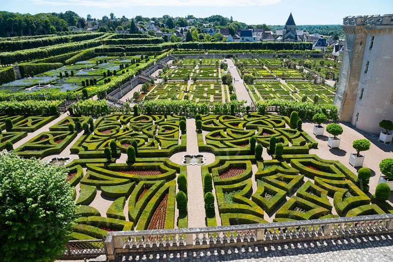 Detailed view of a geometric garden with hedge maze and manicured paths on a sunny day, Villandry Castle, Renaissance, Tours, Loire Valley, Centre-Val de Loire, France, Europe