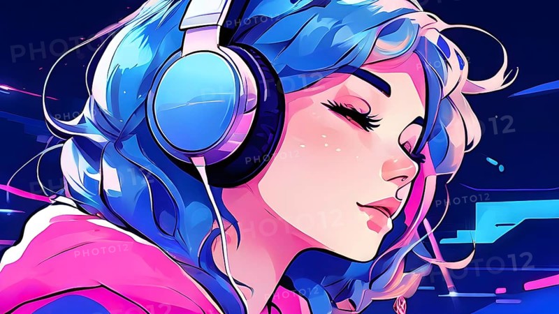 Anime style portrait of a girl with large headphones engulfing her ears, AI generated