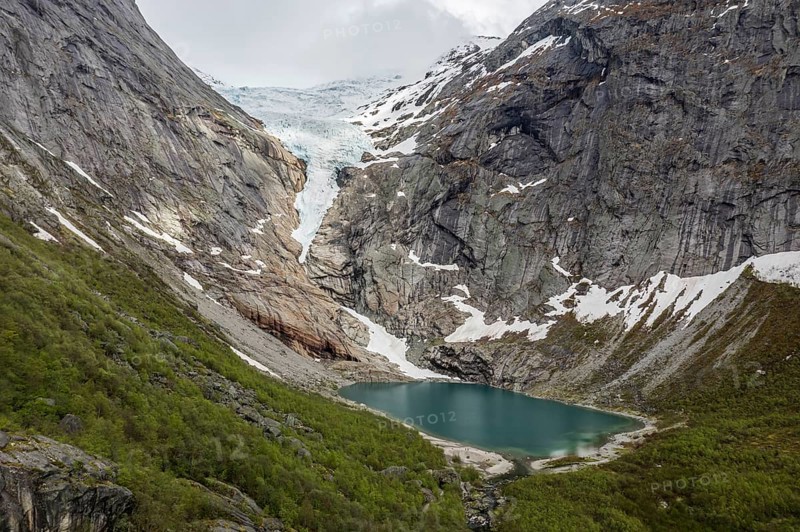 Aerial view of glacier Briksdalsbreen, a glacier tongue of Jostedalsbreen, glacier lake, Norway, Europe