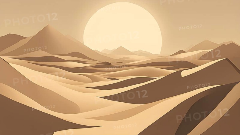 Abstract desert scene with triangular sand dunes and a single circular sun, using sharp lines and subtle gradients in neutral earth tones, AI generated