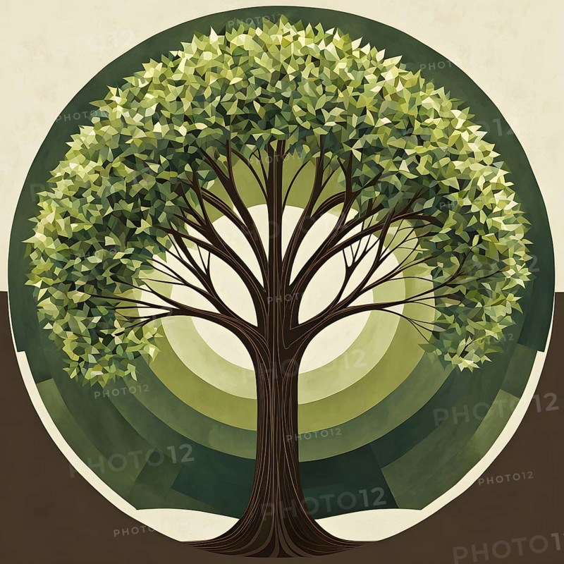Abstract geometric tree with a circular canopy and a rectangular trunk, arranged in a clean, balanced design with a limited color palette of olive green, deep brown, and ivory, AI generated