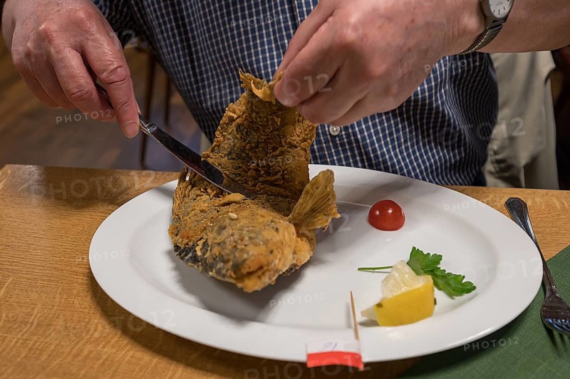 Baked Common carp (Cyprinus carpio) served in an inn, Franconia, Bavaria, Germany, Europe