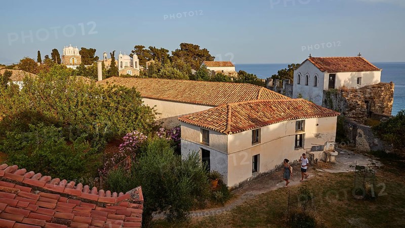 Buildings, red tiled roofs, churches, church towers, Koroni, visitors, Byzantine fortress, nunnery, Peloponnese, Greece, Europe