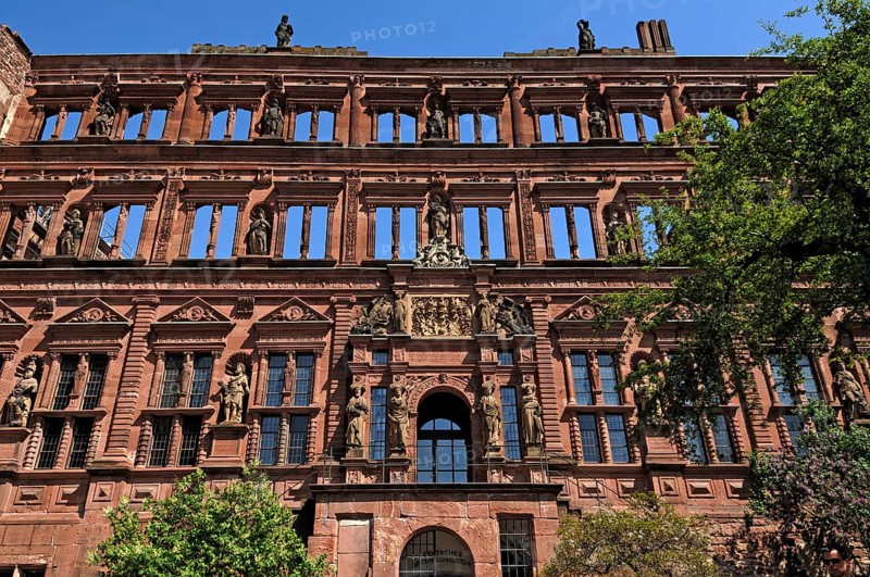 Ottheinrich's building of the Heidelberg castle ruins, destroyed in 1689, castle courtyard, Heidelberg, Baden-Württemberg, Germany, Europe