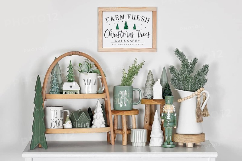 Beautiful farmhouse or boho style Christmas home decoration in trendy white and mint green colors