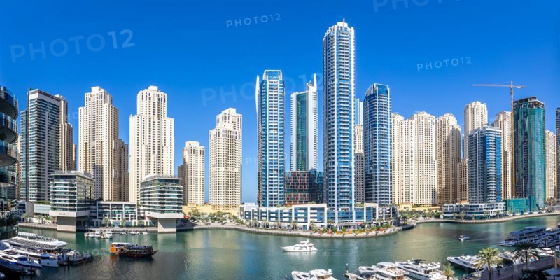 Dubai Marina skyline skyscrapers with yachts skyscrapers living on the water panorama in Dubai, United Arab Emirates, Asia