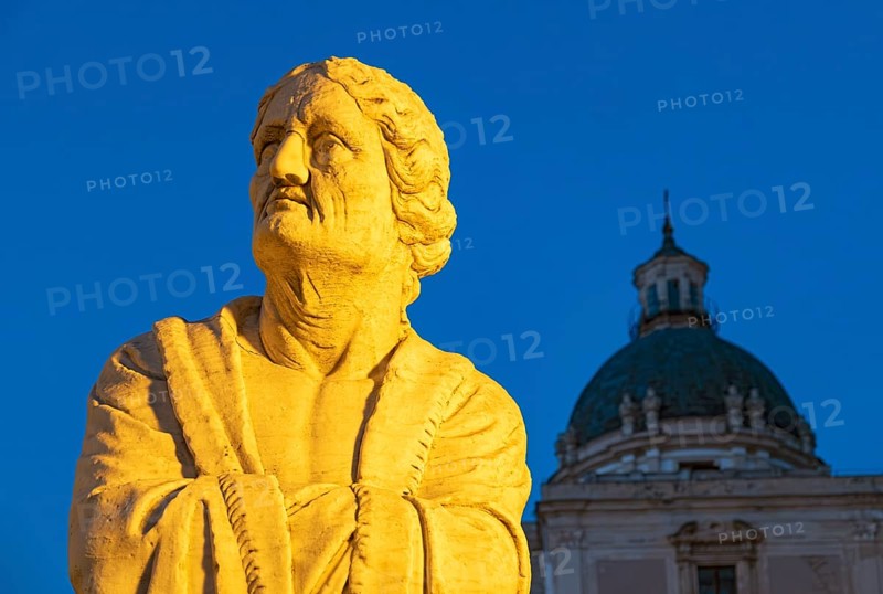 Statue of Praetorian Fountain and the dome of Santa Caterina church by night, Piazza Pretoria, Palermo, Sicily, Italy, Europe