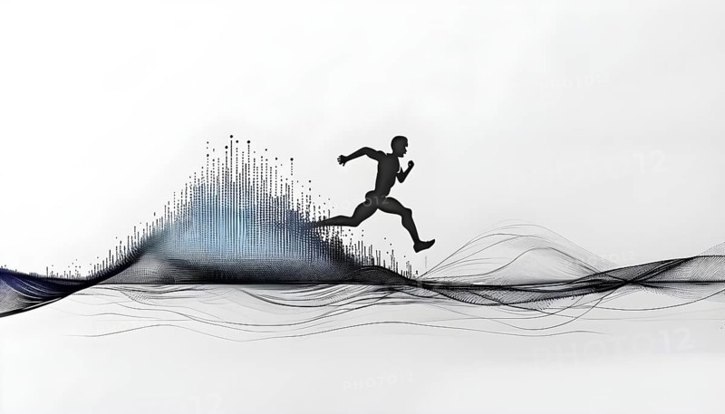 Wave of data points shaping into a runners silhouette, abstract illustration in black and white, conveying speed and precision guided by AI, AI generated