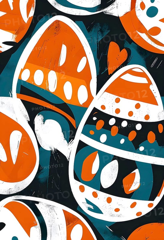 Illustration of an abstract Easter egg design with geometric patterns, bold colors, and a mix of textures, creating a modern and dynamic look, AI generated