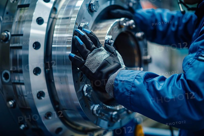 Close up of person with gloves working on windmill part in factory. Generative Ai, AI generated