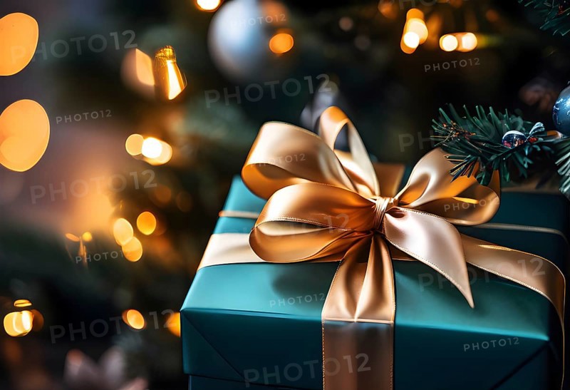 Close-up of a beautifully wrapped Christmas gift with a satin ribbon, set under a glowing Christmas tree, AI generated