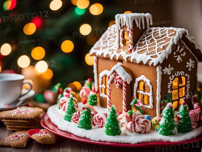Gingerbread house decorations, focusing on the intricate icing details, colorful candy, and soft, warm light creating a cozy festive ambiance, AI generated