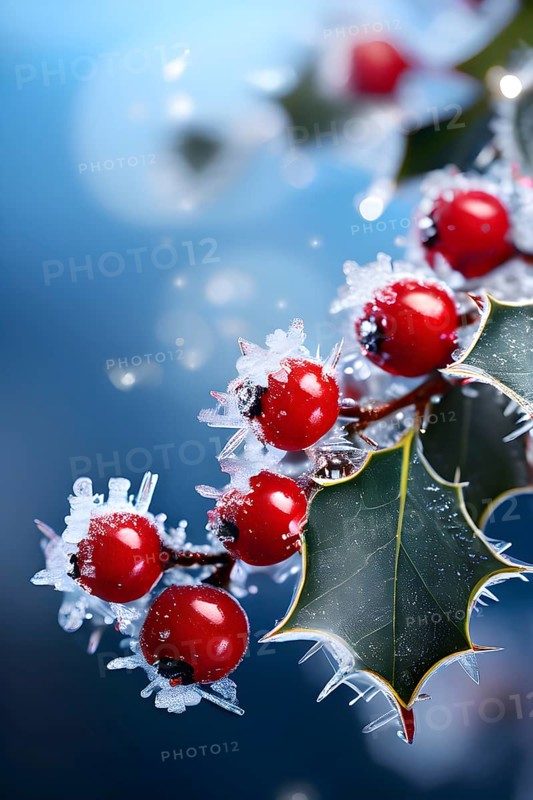 Frosty holly branch with vibrant red berries covered in delicate ice crystals, symbol for upcoming winter, AI generated