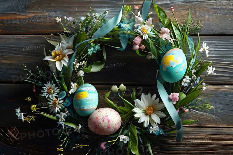 Spring wreath with pastel ribbons, speckled eggs, and blooming flowers, hanging on a wooden background, AI generated