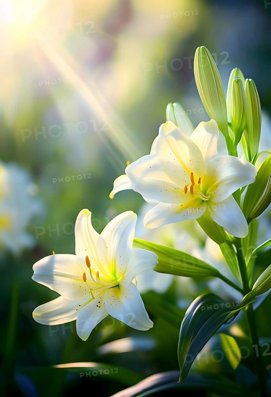 Blooming Easter lilies with soft white petals and a yellow center, bathed in gentle sunlight, AI generated
