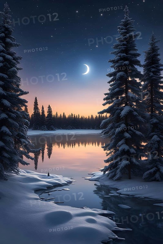 Tranquil winter night scene with a crescent moon and stars shining brightly over a frozen lake, with a line of snow-covered pine trees reflected in the lake, AI generated