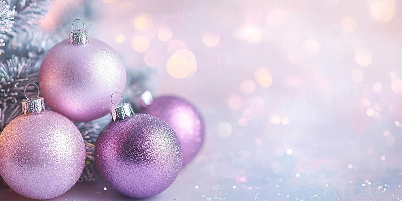 Christmas banner with pink and purple bauble ornaments with bokeh lights and copy space. Generative AI, AI generated