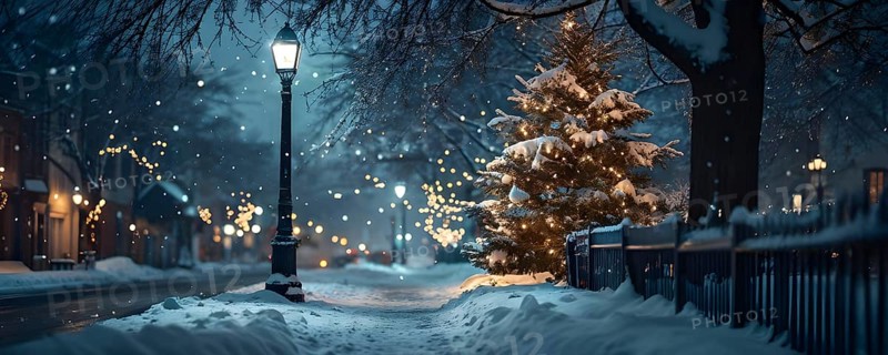 Christmas Eve with snowflakes fall under the light of a streetlamp with a decorated tree in the background, AI generated