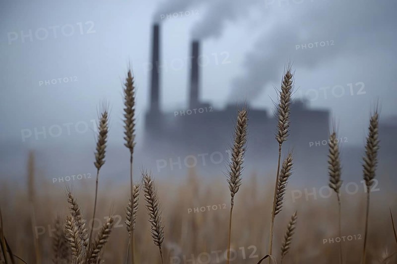 Agricultural field with growing grains and factory with grey fumes in blurry background. Generative Ai, AI generated