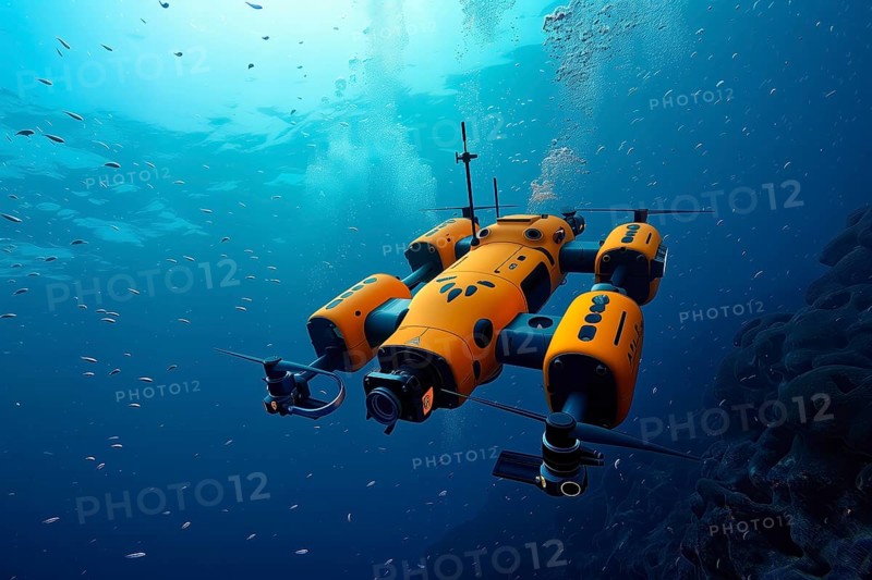 Deep sea exploration and mining in abyssal plains performed by AUV and autonomous drones, AI generated