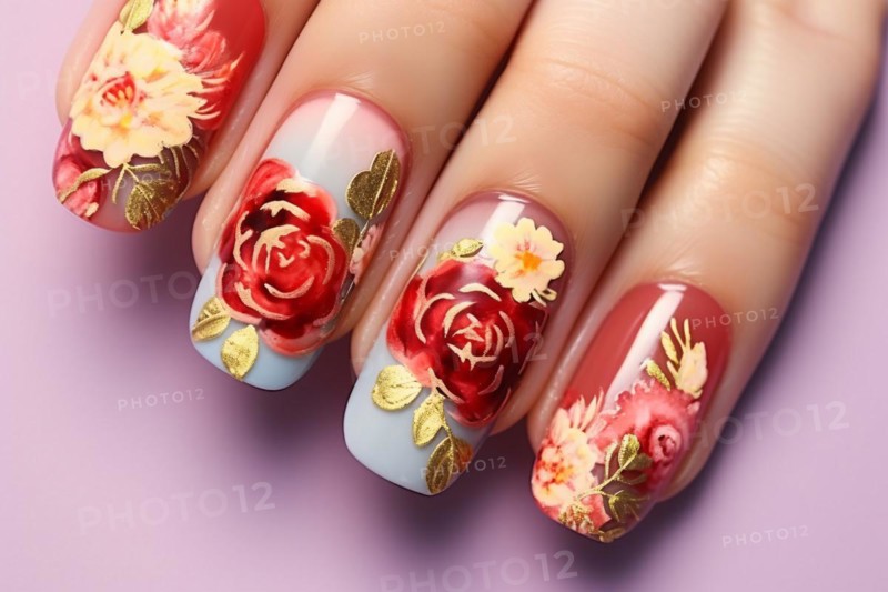 Woman's long fingernails with floral nail art. KI generiert, generiert, AI generated