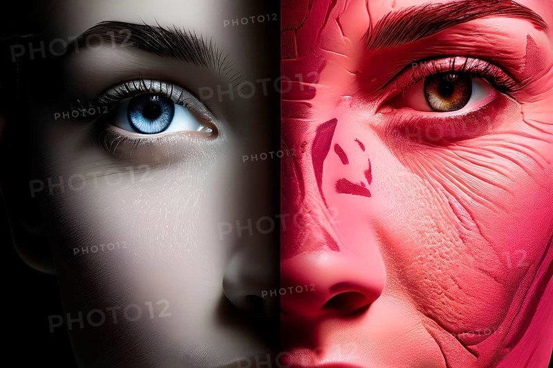 Surrealistic portrait of half face radiating past and present, AI generated
