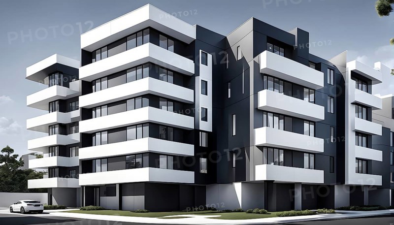 Rendering of a modern real estate apartment building in clean geometric forms in black and white, AI generated