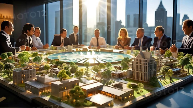 Business professionals engaged with a scale model of miniature houses, AI generated