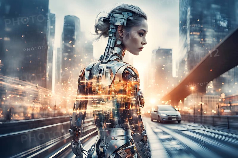 Digital representation of a multiple exposure photograph featuring a cyber human and an urban architecture, AI generated