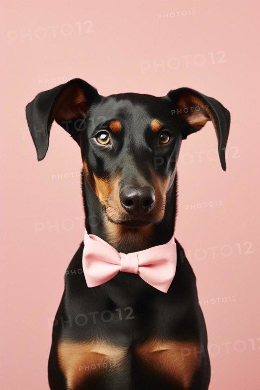 Doberman dog with floppy ears and bow tie on pink studio background. KI generiert, generiert, AI generated