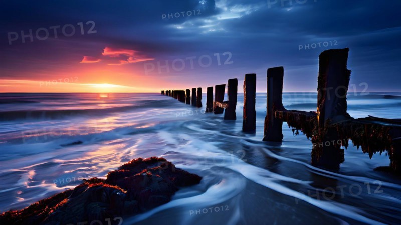 Old pier skeletal remains extend into the sea waves continuously erode its pillars, AI generated