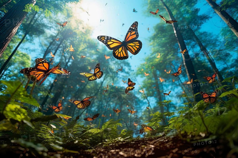 Big group of stylized yellow monarch butterflies flying in a natural forest environment, AI generated