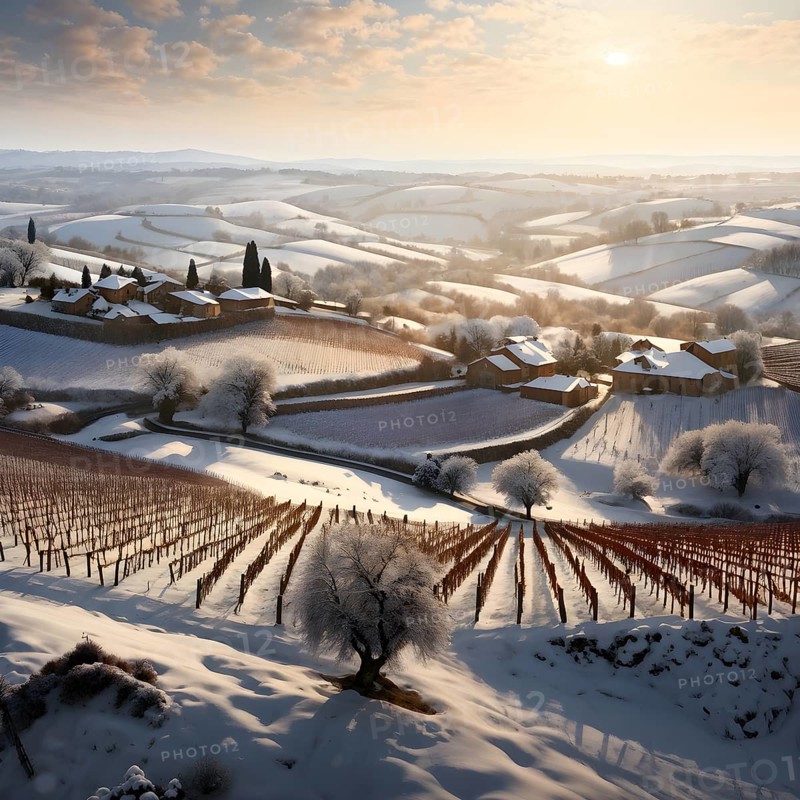 AI generated aerial view of winter in the vineyard with snow blankets dormant vines and ambient light