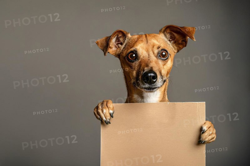 Dog holding empty brown sign in front of dark studio background. KI generiert, generiert, AI generated