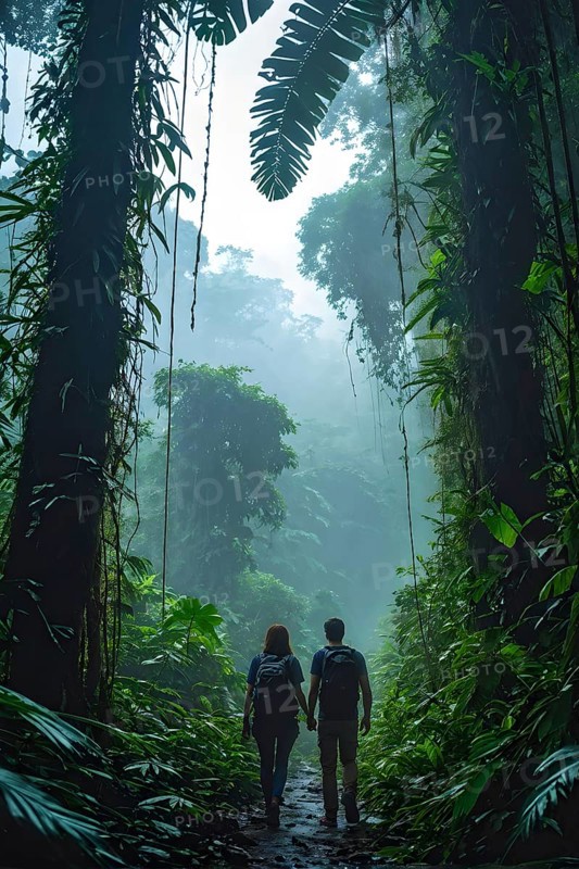 Adventurous couple hiking through dense amazon rainforest, AI generated