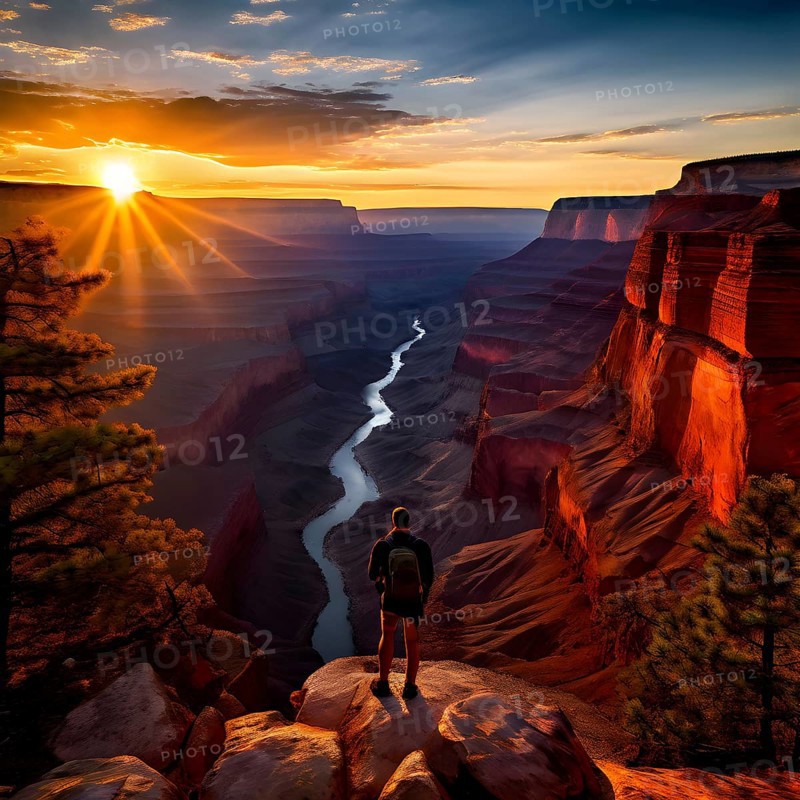 Sunrise over grand canyon in vibrant colors casting light on overhanging rock formations, AI generated